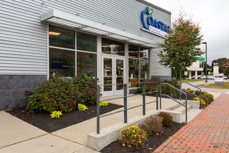 entrance and close up of Coastal Pharmacy and Wellness in Portland, Maine