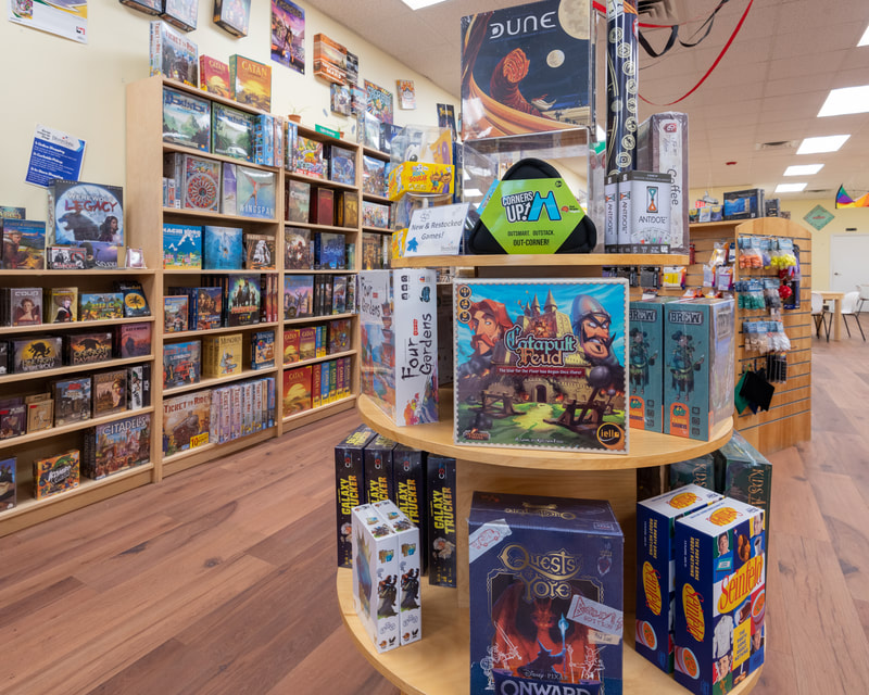 close-up of just one of the board game shelves at Diversions in South Portland, Maine. 
