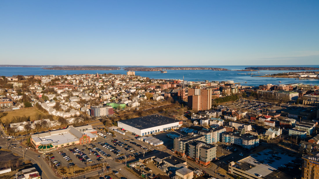 aerial image overlooking Munjoy Hill neighborhood of Portland, Maine. 